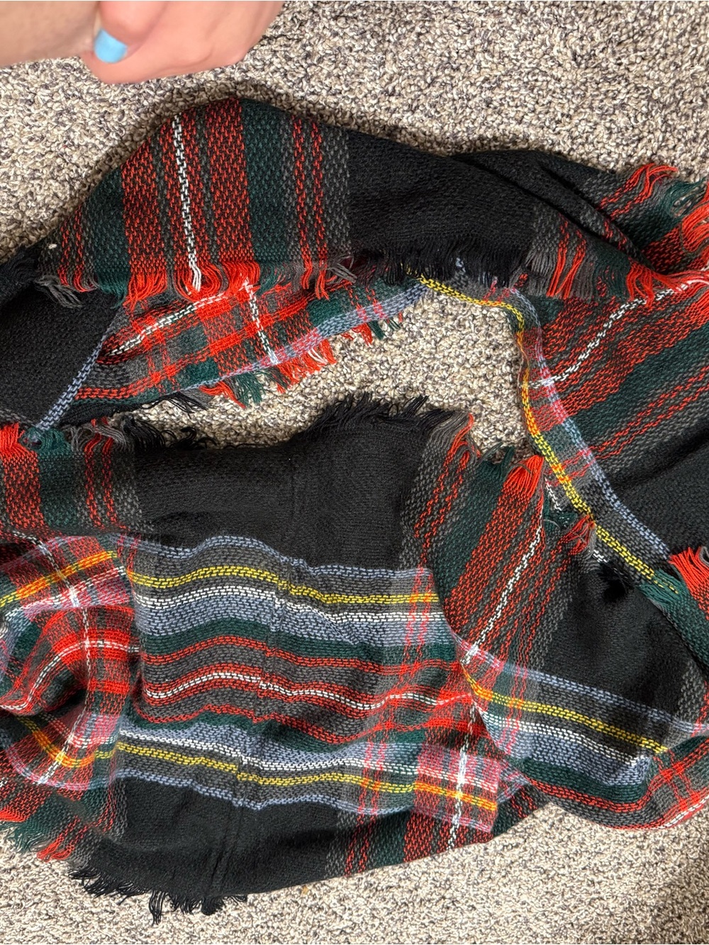 Black Plaid Fringe Scarf with Red and Green Stripes